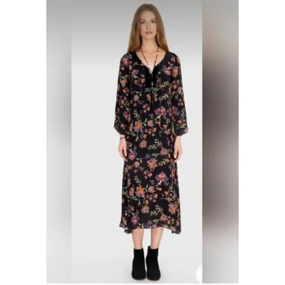 JOHNNY WAS Jade Sz M Medium Luca Floral Silk Dress Velvet Trim Midi - Picture 1 of 12